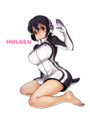 Rule 34 | 1girl, absurdres, bare legs, barefoot, black hair, breasts, brown eyes, character name, clothing cutout, commentary request, feet, full body, hair between eyes, hand up, headphones, highres, humboldt penguin (kemono friends), kemono friends, korean commentary, large breasts, looking at viewer, multicolored hair, parted lips, penguin tail, pink hair, roonhee, short hair, simple background, sitting, solo, tail, tail through clothes, white background, yokozuwari, zipper, zipper pull tab