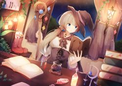 Rule 34 | 1girl, blonde hair, blue eyes, blunt bangs, book, bookmark, boots, cape, cloak, corset, crescent, cupboard, curtains, dutch angle, earrings, flower, gem, hat, hiiragi souren, holding, holding book, indoors, ivy, jewelry, jug (bottle), lamp, lantern, light, long hair, low ponytail, night, night sky, open book, open mouth, open window, original, plant, potion, reading, red footwear, rod, see-through, shelf, side ponytail, sky, sleeves past elbows, solo, spill, staff, star (sky), star (symbol), starry sky, stuffed animal, stuffed toy, tulip, underbust, vial, wand, window, witch hat