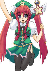 Rule 34 | 1girl, blue eyes, blush, bow, braid, bun cover, china dress, chinese clothes, double bun, dress, female focus, garter belt, hair bow, hat, hong meiling, long hair, magical girl, open mouth, red hair, solo, star (symbol), thighhighs, touhou, twin braids, wand, wings