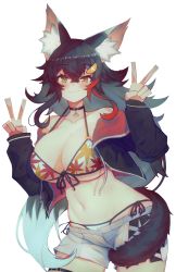 Rule 34 | 1girl, :3, absurdres, animal ear fluff, animal ears, bikini, bikini under clothes, black hair, blush, breasts, flipped hair, grey hair, hair between eyes, hair ornament, hairclip, highres, hololive, jacket, large breasts, long hair, looking at viewer, multicolored hair, off shoulder, ookami mio, ookami mio (hololive summer 2019), red hair, revision, shorts, sidelocks, solo, spiked hair, streaked hair, swimsuit, tail, tail around own leg, tail wrap, transparent background, v, varniskarnis, very long hair, virtual youtuber, white hair, wolf ears, wolf girl, wolf tail, yellow eyes
