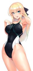 Rule 34 | 1girl, adjusting hair, black bow, black one-piece swimsuit, blonde hair, blue eyes, bow, braid, breasts, competition swimsuit, covered navel, cowboy shot, french braid, hair bow, half updo, hand on own chest, hassen (8cm), highleg, highleg swimsuit, highres, large breasts, long hair, looking at viewer, one-piece swimsuit, open mouth, original, simple background, solo, standing, swimsuit, white background