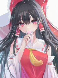 Rule 34 | 1girl, absurdres, ascot, bare shoulders, black hair, blush, bow, detached sleeves, hair between eyes, hair bow, hair tubes, hakurei reimu, highres, japanese clothes, long hair, looking at viewer, lshiki, nontraditional miko, ofuda, red bow, red eyes, ribbon-trimmed sleeves, ribbon trim, sidelocks, solo, touhou, upper body, white sleeves, wide sleeves, yellow ascot