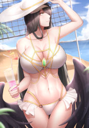 Rule 34 | 1girl, absurdres, albedo (overlord), beach, bikini, black hair, black wings, breasts, cleavage, cloud, cloudy sky, cup, drinking glass, drinking straw, flag, hat, highres, holding, holding cup, horns, large breasts, looking away, navel, overlord (maruyama), parted lips, sky, solo, swimsuit, volleyball net, white hat, wings, yellow eyes, zildt