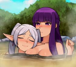 Rule 34 | 2girls, blunt bangs, blush, breasts, closed mouth, commentary, earrings, english commentary, facing viewer, fern (sousou no frieren), frieren, grey hair, hand up, highres, jewelry, large breasts, long hair, loodncrood, multiple girls, onsen, parted bangs, pointy ears, purple eyes, purple hair, shiny skin, smile, sousou no frieren, twintails, water