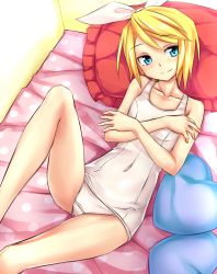 Rule 34 | 1girl, bad id, bad pixiv id, bed, blonde hair, blue eyes, heart, highres, kagamine rin, lying, one-piece swimsuit, pillow, school swimsuit, short hair, solo, swimsuit, takabow, vocaloid, white school swimsuit, white one-piece swimsuit