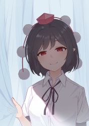 Rule 34 | 1girl, arm up, black hair, black ribbon, blush, breasts, curtain grab, curtains, hat, head tilt, highres, kanpa (campagne 9), looking at viewer, neck ribbon, pointy ears, pom pom (clothes), puffy short sleeves, puffy sleeves, red eyes, red hat, ribbon, shameimaru aya, shirt, short hair, short sleeves, small breasts, smile, solo, tokin hat, touhou, upper body, white shirt