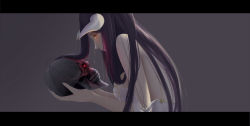 Rule 34 | 1girl, ainz ooal gown, albedo (overlord), back, bare arms, bare shoulders, black hair, breasts, crying, demon girl, demon horns, dress, from side, glowing, glowing eyes, grey background, hair between eyes, horns, large breasts, letterboxed, long hair, meinvxb963, overlord (maruyama), sad, sideboob, simple background, skeleton, skull, sleeveless, sleeveless dress, solo, tears, white dress