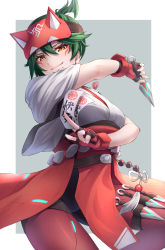 Rule 34 | 1girl, animal ears, arm across chest, between fingers, border, breasts, brown eyes, closed mouth, dagger, facial mark, fake animal ears, fingerless gloves, forehead protector, fox ears, gloves, green hair, holding, holding dagger, holding knife, holding paper, holding weapon, holster, japanese clothes, kimono, kiriko (overwatch), knife, kunai, looking at viewer, medium breasts, overwatch, paper, ponytail, short hair, smile, solo, talisman, ten (tenchan man), thigh holster, v-shaped eyebrows, weapon, white border, white kimono