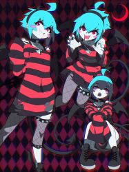 Rule 34 | 1girl, :d, absurdres, aetherion, ahoge, alternate eye color, aqua hair, aqua nails, argyle, argyle background, argyle clothes, asymmetrical legwear, black footwear, black hairband, black shirt, blood, blood from mouth, blush stickers, crescent moon, fake horns, fangs, fishnet pantyhose, fishnets, flat chest, hairband, halloween, highres, horns, looking at viewer, moon, multiple views, nail polish, open mouth, original, oversized clothes, oversized shirt, pantyhose, red eyes, red moon, red shirt, shirt, smile, space girl (aetherion), spiked thighlet, striped clothes, striped shirt, torn clothes, torn shirt, vampire