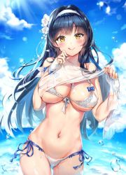 Rule 34 | 1girl, :q, bad id, bad twitter id, bare shoulders, beach, bikini, black hair, blue sky, blush, bow, bow bikini, breasts, cleavage, cowboy shot, day, fingerless gloves, flower, girls&#039; frontline, gloves, groin, hair flower, hair ornament, hairband, highres, holding, large breasts, long hair, looking at viewer, narae, navel, ocean, official alternate costume, outdoors, shawl, shiny skin, side-tie bikini bottom, sidelocks, skindentation, sky, smile, solo, stomach, swimsuit, thighs, tongue, tongue out, type 95 (girls&#039; frontline), type 95 (summer cicada) (girls&#039; frontline), very long hair, wading, wet, wet clothes, white bikini, white gloves, yellow eyes