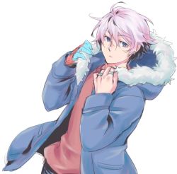 Rule 34 | 1boy, blue coat, blue eyes, closed mouth, coat, devil may cry, devil may cry (series), devil may cry 4, fur trim, jewelry, kuromilktea0412, male focus, nero (devil may cry), ring, simple background, solo, white background, white hair, winter clothes