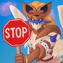 Rule 34 | digimon, digimon (creature), duftmon, highres, looking at viewer, road sign, sign, solo, stop sign, wings