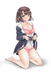 Rule 34 | 1girl, absurdres, barefoot, blue jacket, blue skirt, bow, bow bra, bow panties, bra, breasts, brown eyes, brown hair, cleavage, closed mouth, clothes lift, collarbone, commentary, double horizontal stripe, frilled bra, frilled panties, frills, full body, gluteal fold, highres, jacket, katou megumi, kneeling, legs, lifting own clothes, light frown, lips, long sleeves, looking at viewer, medium breasts, miniskirt, neck ribbon, obvious statement, open clothes, open jacket, open shirt, panties, pink bra, pink panties, pleated skirt, print skirt, ribbon, saenai heroine no sodatekata, school uniform, serafuku, shadow, shinshuku saegi, shirt, short hair, simple background, skirt, skirt lift, solo, underwear, white background, white shirt