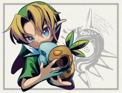 Rule 34 | 1boy, blonde hair, blue eyes, commentary request, copyright name, cropped torso, dated, english text, green headwear, green shirt, grey background, holding, holding mask, link, male focus, mask, nintendo, pointy ears, shirt, the legend of zelda, the legend of zelda: majora&#039;s mask, ukata, young link