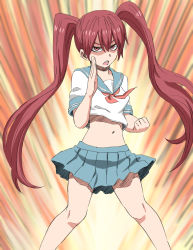 Rule 34 | 1girl, angry, bad id, bad pixiv id, brown eyes, brown hair, clenched hand, fighting stance, highres, looking at viewer, midriff, miniskirt, navel, open mouth, original, pleated skirt, school uniform, serafuku, short sleeves, skirt, solo, tuskryo, twintails
