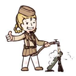 Rule 34 | 1girl, blonde hair, blush, clothes lift, crew-served weapon, fallout (series), garrison cap, girls&#039; frontline, hair rings, hat, lifted by self, m2 (girls&#039; frontline), m2 mortar, military, military uniform, miniskirt, mob face, mortar (weapon), parody, pee, peeing, pencil skirt, red eyes, skirt, skirt lift, solid oval eyes, solo, steam, stmast, tight skirt, uniform, vault girl, white background