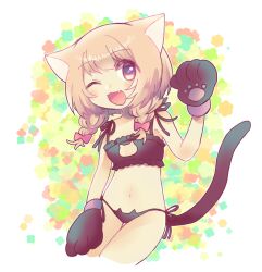 Rule 34 | 1girl, :3, animal ears, animal hands, blush, bow, bra, braid, breasts, brown hair, cat cutout, cat ears, cat girl, cat lingerie, cat tail, cleavage cutout, clothing cutout, cropped legs, fang, gloves, hair bow, lingerie, long hair, meme attire, navel, nekonooteteumai, one eye closed, open mouth, original, panties, paw gloves, pink eyes, small breasts, smile, solo, tail, twin braids, underwear