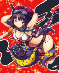 Rule 34 | 1girl, arms behind head, arms up, bikini, blue eyes, breasts, cleavage, closed mouth, deto, dual wielding, fate/grand order, fate (series), goggles, goggles on head, highres, holding, holding sword, holding weapon, katana, katsushika hokusai (fate), katsushika hokusai (swimsuit saber) (fate), long hair, looking at viewer, medium breasts, navel, octopus, outline, purple hair, smile, suction cups, swimsuit, sword, tentacles, thigh strap, tokitarou (fate), tongue, tongue out, twintails, uneven eyes, weapon, white bikini, white outline