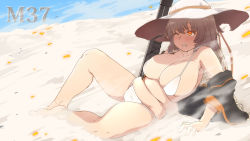 Rule 34 | 1girl, arm support, armpits, bare legs, barefoot, bikini, bikini bottom only, blush, breasts, brown hair, character name, cleavage, clenched teeth, day, feet, female focus, girls&#039; frontline, groin, gun, hat, highres, huge breasts, ithaca m37, legs, long hair, looking away, lying, m37 (girls&#039; frontline), m37 (summer parader) (girls&#039; frontline), micro bikini, official alternate costume, one eye closed, open clothes, orange eyes, outdoors, plump, pump action, sand, sandstorm, shotgun, sky, solo, spread legs, swimsuit, teeth, thighs, ushio (tanatana), weapon, white bikini