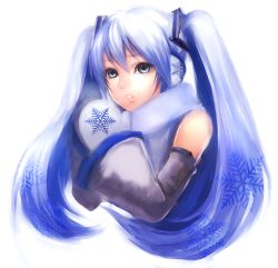 Rule 34 | 1girl, blue eyes, blue hair, cropped torso, detached sleeves, earmuffs, gloves, hatsune miku, matching hair/eyes, mittens, own hands together, sasaki ryou, solo, twintails, vocaloid, white mittens, yuki miku
