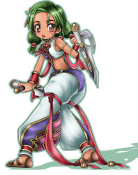Rule 34 | 1041 (toshikazu), 1girl, brown eyes, dual wielding, green hair, holding, looking at viewer, open mouth, solo, soul calibur, soulcalibur iii, standing, talim, tonfa, weapon