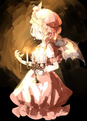 Rule 34 | 1girl, bow, candelabra, candle, candlelight, candlestand, chain, dark, demon wings, dress, hat, hat bow, highres, indoors, kagari6496, looking at watch, mob cap, pink dress, pocket watch, remilia scarlet, short hair, sketch, solo, touhou, watch, wings, wristband