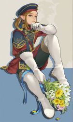 Rule 34 | 1boy, black shorts, blonde hair, blue background, blue hat, boots, brown background, flower, full body, gloves, green eyes, hat, highres, holding, holding flower, ivy (sena0119), knee boots, link, nintendo, official alternate costume, parted lips, pointy ears, ponytail, puffy short sleeves, puffy sleeves, royal guard set (zelda), short sleeves, shorts, sitting, solo, teeth, the legend of zelda, triforce, white flower, white footwear, white gloves, yellow flower