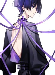 Rule 34 | 1boy, absurdres, backless outfit, bishounen, cowboy shot, from behind, genshin impact, highres, kanishiima, looking at viewer, looking back, male focus, purple hair, scaramouche (genshin impact), short hair, simple background, solo, white background