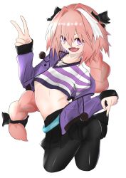 Rule 34 | 1boy, ass, astolfo (fate), bow, braid, casual, clothes lift, cross, cross necklace, fang, fate/apocrypha, fate/grand order, fate (series), gurum, hair bow, highres, jacket, jewelry, long hair, looking at viewer, male focus, multicolored hair, necklace, open mouth, pantyhose, pink hair, purple eyes, shirt, single braid, skirt, skirt hold, skirt lift, smile, solo, trap, two-tone hair, v, very long hair, white hair