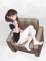 Rule 34 | 1girl, absurdres, apron, armchair, artist name, bigxixi, brown hair, chair, commentary, feet, highres, maid, maid apron, no shoes, original, pantyhose, red eyes, skindentation, smile, soles, solo, twintails, white pantyhose