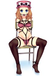 Rule 34 | 1girl, absurdres, arms behind back, ball gag, bdsm, black thighhighs, blonde hair, bondage, bound, bound wrists, bra, breasts, chair, creatures (company), full body, gag, gagged, game freak, handsofmidaz, hat, highres, large breasts, long hair, looking at viewer, nintendo, panties, pokemon, restrained, rope, serena (pokemon), shibari, sitting, solo, spread legs, sunglasses, thighhighs, tied to chair, underwear, underwear only, wiffle gag