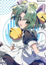 Rule 34 | 1girl, absurdres, apron, bell, black dress, cat girl, cat tail, dejiko, di gi charat, dress, green eyes, green hair, hair behind ear, hair bell, hair ornament, highres, looking at viewer, maid, maid apron, open mouth, parted bangs, short hair, smile, solo, tail, yuu (masarunomori)