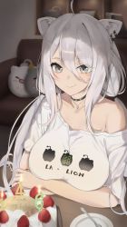 Rule 34 | 1girl, ahoge, animal ears, bad id, bad twitter id, bare shoulders, birthday cake, black nails, breast hold, breasts, cake, choker, closed mouth, collarbone, ear piercing, food, grey eyes, grey hair, hair between eyes, happy birthday, highres, hololive, jewelry, large breasts, lion ears, lion girl, lion tail, long hair, looking at viewer, messy hair, nail polish, necklace, off shoulder, official alternate costume, piercing, renge (730), shishiro botan, shishiro botan (casual), smile, ssrb (shishiro botan), tail, upper body, virtual youtuber