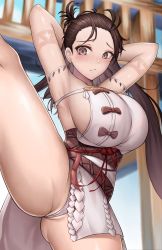 Rule 34 | 1girl, absurdres, armpits, arms behind head, arms up, bare shoulders, blush, body markings, breasts, brown eyes, brown hair, cleavage, dress, facial mark, fate/grand order, fate (series), forehead, forehead mark, gluteal fold, highres, himiko (fate), himiko (first ascension) (fate), jewelry, large breasts, leg lift, leg up, long hair, looking at viewer, necklace, roina (effj7473), sash, side slit, sideboob, solo, split, standing, standing on one leg, standing split, thighs, topknot, twintails, white dress