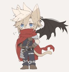 Rule 34 | 1boy, animal ears, armor, asymmetrical armor, asymmetrical arms, bat wings, belt, black belt, black wings, blonde hair, blue eyes, blush stickers, boots, brown footwear, brown gloves, cape, cat boy, cat ears, cat tail, chibi, cloud strife, covered mouth, final fantasy, final fantasy vii, full body, gloves, grey background, hands on own hips, highres, hip armor, kingdom hearts, leather belt, male focus, multiple belts, official alternate costume, pauldrons, red cape, same no nituke3, short hair, shoulder armor, shoulder strap, sigh, simple background, single wing, solo, spiked hair, standing, tail, thigh strap, wings