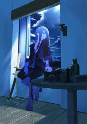 Rule 34 | 1boy, absurdres, against window, androgynous, apple, arm support, bag, boots, bottle, bracelet, cloud, food, fruit, full body, highres, indoors, jewelry, knee boots, long hair, looking outside, male focus, moonlight, night, night sky, pants, paper bag, purple eyes, purple hair, scabbard, sheath, sky, soko05, solo, table, tales of (series), tales of vesperia, tunic, windowsill, wooden table, yuri lowell