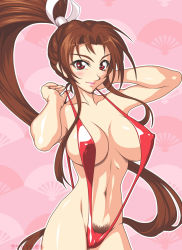 Rule 34 | 1girl, bikini, breasts, brown hair, covered erect nipples, fatal fury, female focus, female pubic hair, large breasts, long hair, looking at viewer, navel, pubic hair, red eyes, shiranui mai, slingshot swimsuit, snk, solo, swimsuit, wochoku akira