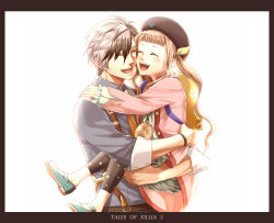 Rule 34 | 1boy, 1girl, bad id, bad pixiv id, beret, black hair, black hat, brown hair, capri pants, carrying, closed eyes, colored tips, copyright name, elle mel marta, hat, hetero, highres, hug, jacket, jewelry, long hair, ludger will kresnik, multicolored hair, open mouth, pants, pendant, ramta, shirt, shoes, smile, spandex, tales of (series), tales of xillia, tales of xillia 2, twintails, two-tone hair, white background, white hair