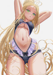 Rule 34 | 1girl, antenna hair, arms behind head, arms up, bikini, blonde hair, blush, bow, bow bikini, breasts, cleavage, contrapposto, cowboy shot, elf, forehead, frills, from below, gluteal fold, green eyes, highres, initial, kein hasegawa, large breasts, linea alba, long hair, looking at viewer, navel, open mouth, original, pointy ears, ponytail, simple background, swimsuit, thighs, underboob, very long hair, white background