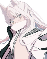 Rule 34 | 1girl, animal ear fluff, animal ears, arknights, black gloves, bright pupils, brown eyes, elbow gloves, gloves, high collar, highres, horse ears, long hair, looking at viewer, platinum (arknights), silver hair, simple background, solo, tetuw, upper body, v-shaped eyebrows, white background