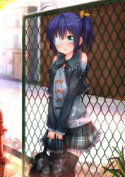 Rule 34 | 10s, 1girl, ahoge, alternate costume, bag, black thighhighs, blue hair, blush, bow, breasts, chain-link fence, chuunibyou demo koi ga shitai!, collarbone, commentary request, cross, eyepatch, fence, fire hydrant, green eyes, highres, plaid, plaid skirt, short hair, side ponytail, skirt, small breasts, solo, swordsouls, takanashi rikka, thighhighs, unmoving pattern, zettai ryouiki