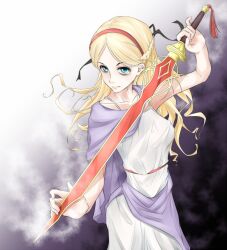Rule 34 | 1girl, alternate eyebrows, arm up, bags under eyes, blonde hair, blue eyes, braid, breasts, closed mouth, commentary request, dress, feet out of frame, grey background, hairband, holding, holding sword, holding weapon, lips, long hair, looking at viewer, maiden of versailles, medium breasts, mismatched eyebrows, pale skin, partial commentary, red hairband, shin (highest1192), skinny, sleeveless, sleeveless dress, solo, standing, sunken eyes, sword, toaru majutsu no index, weapon, white dress