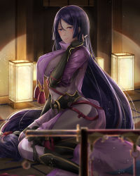 Rule 34 | 1girl, absurdres, arm support, armor, black gloves, blush, bodysuit, breasts, fate/grand order, fate (series), fingerless gloves, gloves, highres, indoors, japanese armor, kote, large breasts, loincloth, long hair, low-tied long hair, minamoto no raikou (fate), parted bangs, playing with own hair, purple bodysuit, purple eyes, purple hair, ribbed sleeves, rope, sitting, slime (user jpds8754), smile, solo, suneate, tabard, very long hair, yokozuwari