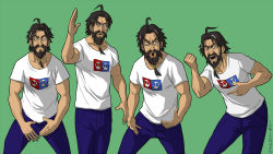 Rule 34 | 1boy, ahoge, arm up, artist name, beard, black hair, clenched hand, commentary, denim, edward teach (fate), edward teach (final ascension) (fate), facial hair, fate/grand order, fate (series), green background, highres, jamrolypoly, jeans, male focus, meme, mustache, pants, parody, shia labeouf, shirt, solo, white shirt