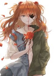Rule 34 | 1girl, blue eyes, ceru, evangelion: 3.0+1.0 thrice upon a time, eyepatch, falling petals, flower, green jacket, hand in pocket, highres, holding, holding flower, interface headset, jacket, long hair, long sleeves, navel, neon genesis evangelion, open clothes, open jacket, orange hair, petals, rebuild of evangelion, red flower, red rose, rose, school uniform, short sleeves, simple background, solo, souryuu asuka langley, thorns, unzipped, white background