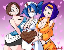 Rule 34 | 2024, 3girls, ass, bare shoulders, black skirt, blue eyes, blue hair, breasts, breasts squeezed together, brown hair, chocolate, cigarette, cleavage, cowboy bebop, crop top, crossover, curvy, dahs, dated, faye valentine, food, gunshad, hairband, happy valentine, hat, highres, holding, holding chocolate, holding food, jill valentine, large breasts, lipstick, long hair, looking at viewer, makeup, multiple girls, name connection, navel, no bra, nurse, nurse cap, ponytail, purple hair, red eyes, resident evil, resident evil 3, resident evil 3: nemesis, resident evil 3 (remake), shadow, short hair, simple background, skirt, skullgirls, sleeveless, standing, valentine, valentine&#039;s day, valentine (skullgirls), wide hips, yellow hairband