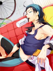 Rule 34 | 1boy, arm support, bicycle, bike shorts, black hair, blue eyes, bottle, cellphone, cellphone charm, cellphone strap, charm (object), couch, groin, headband, jacket, jewelry, looking at viewer, lying, male focus, matsuo shin, mouth hold, necklace, nipple slip, nipples, on back, phone, plant, red upholstery, sleeveless, solo, sweat, tank top, teeth, toudou jinpachi, tufted upholstery, water bottle, wet, yowamushi pedal