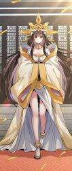 Rule 34 | 1girl, blush, brown hair, closed mouth, crown, dress, highres, jacket, long hair, looking at viewer, my female apprentices are all big shots from the future, official art, qianfan ji, smile, solo, very long hair, white dress, yellow eyes, yellow jacket