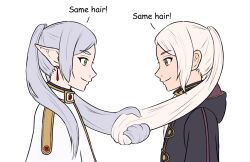 Rule 34 | 2girls, black robe, brown eyes, capelet, closed mouth, commentary, crossover, drop earrings, earrings, elf, english commentary, english text, eyelashes, fire emblem, fire emblem awakening, frieren, from side, fseffect, gold trim, green eyes, grey hair, hairstyle connection, handshake, hooded robe, jewelry, long hair, look-alike, multiple girls, nintendo, pointy ears, prehensile hair, robe, robin (female) (fire emblem), robin (fire emblem), simple background, smile, sousou no frieren, thick eyebrows, trait connection, twintails, white background, white capelet, white hair
