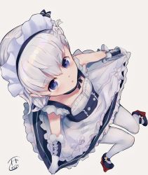 Rule 34 | 1girl, apron, azur lane, belfast (azur lane), blue dress, blue footwear, blue ribbon, blush, braid, collarbone, commentary request, dress, elbow gloves, frilled apron, frills, from above, full body, gloves, grey background, hair between eyes, hair ribbon, little bel (azur lane), looking at viewer, looking up, maid, maid headdress, nishi yasuaki, pantyhose, parted lips, platform footwear, platform heels, ribbon, shoes, signature, silver hair, simple background, sitting, sleeveless, sleeveless dress, solo, waist apron, white apron, white gloves, white pantyhose